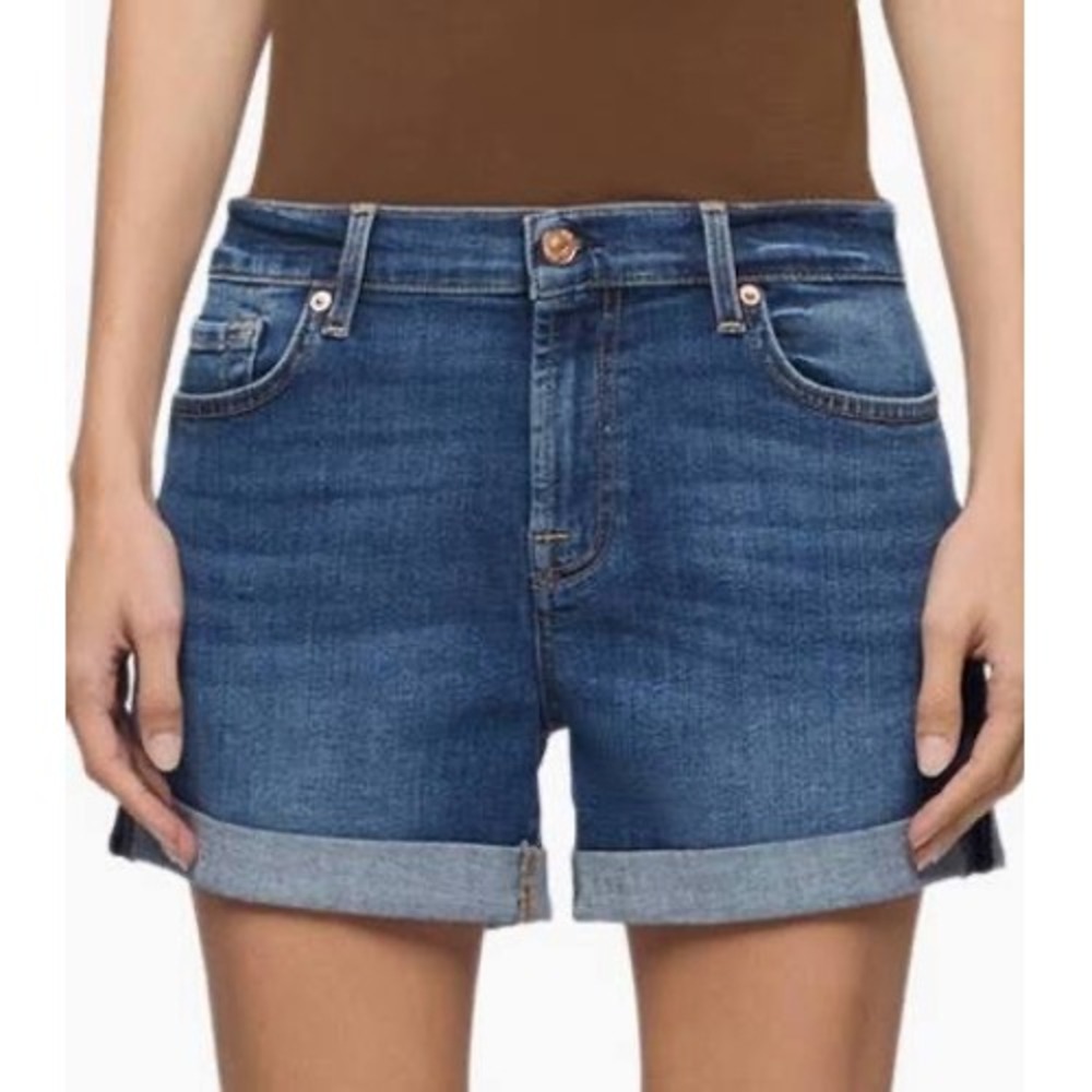 7 For All Mankind Relaxed Mid Roll Denim Shorts Dark Wash Cuffed Size 27